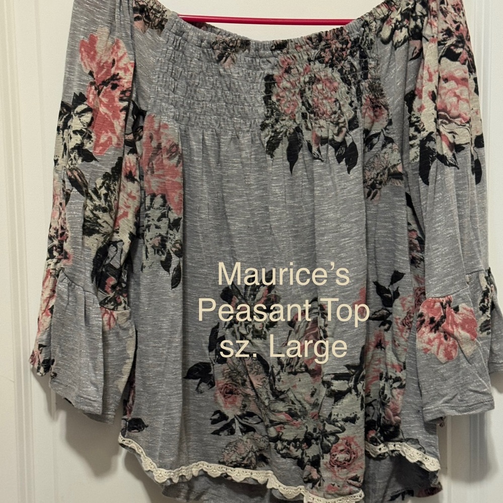 Maurices Pink and Gray Ruffled 3/4 Sleeve Blouse